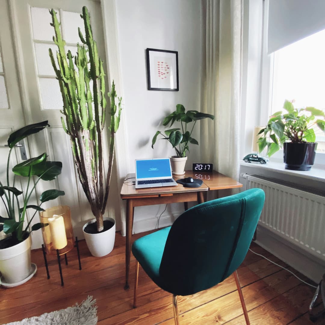 A cozy home office with plants, a laptop, and a green chair by the window.